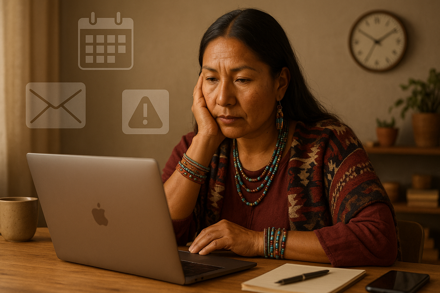 A Native American woman sits at a wooden desk in a warmly lit home office, leaning on one hand as she works on her laptop. She wears a patterned shawl and modest turquoise jewelry. Semi‑transparent icons—a calendar, an email envelope, and an alert symbol—float nearby, and a clock on the wall underscores the passing time.