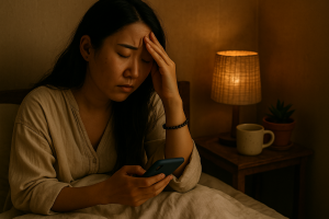 A tired woman sits upright in bed, pressing her fingers to her forehead as she looks down at her glowing smartphone. Warm, ambient light from a woven bedside lamp highlights the neutral linens, a mug, and a small succulent on the nightstand, conveying a quiet moment of overwhelm.