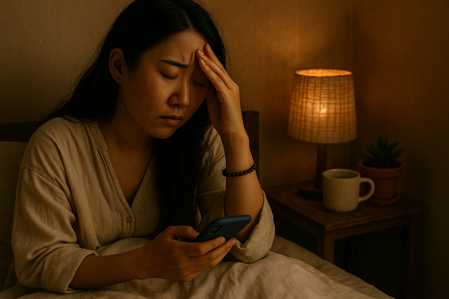 A tired East Asian woman sits upright in bed, pressing her fingers to her forehead as she looks down at her glowing smartphone. Warm, ambient light from a woven bedside lamp highlights the neutral linens, a mug, and a small succulent on the nightstand, conveying a quiet moment of overwhelm.