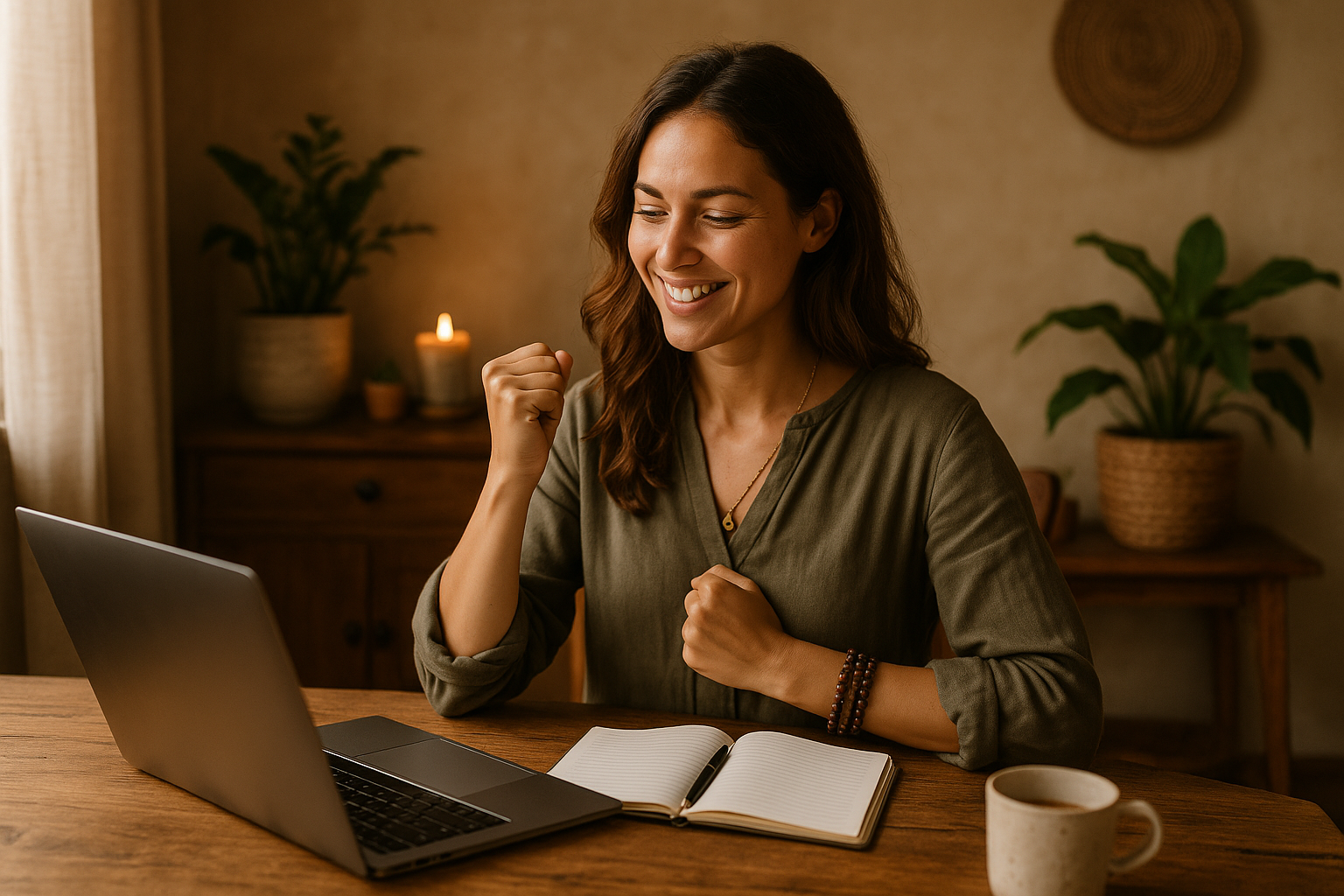 A woman in her mid-30s sits at a wooden table, smiling with quiet excitement as she raises her fist in a small gesture of victory. Surrounded by a laptop, open notebook, and warm, earthy decor, she exudes a sense of empowered clarity in a cozy, softly lit workspace.