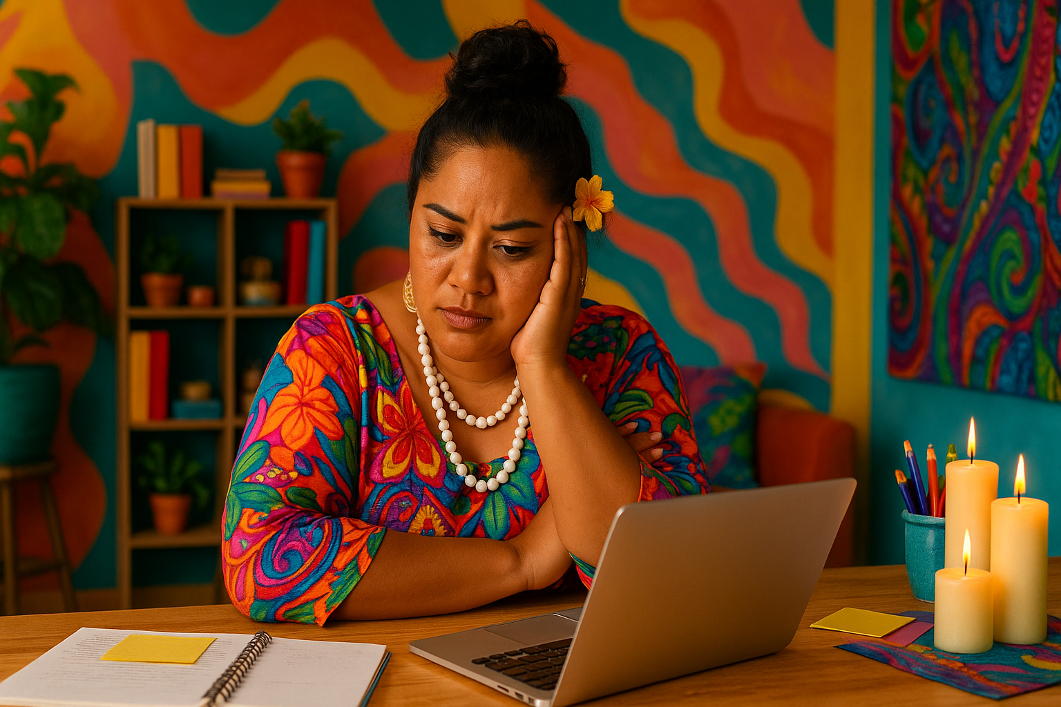 A young Polynesian woman in her late thirties sits thoughtfully at a wooden desk in a colorful, vibrant room. She wears a floral-patterned blouse in bold hues, layered pearl and gold jewelry, and a yellow flower tucked behind her ear. The background features swirling, colorful wall murals and a bookshelf filled with plants and books. A laptop, notebook, and burning candles are on the desk, creating a warm, lively, and reflective atmosphere.