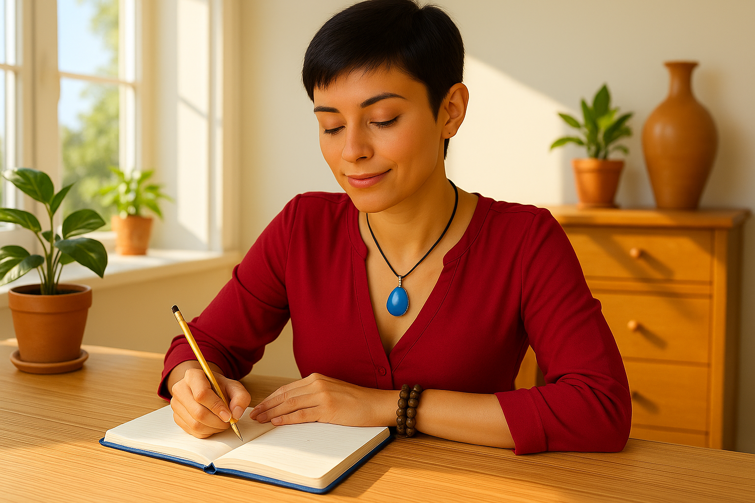 A serene midday scene featuring a young woman with a short dark pixie haircut, wearing a red blouse and a blue pendant necklace, writing thoughtfully in a notebook at a sunlit wooden table. Potted plants and a wooden dresser in the background create a warm, calm atmosphere.