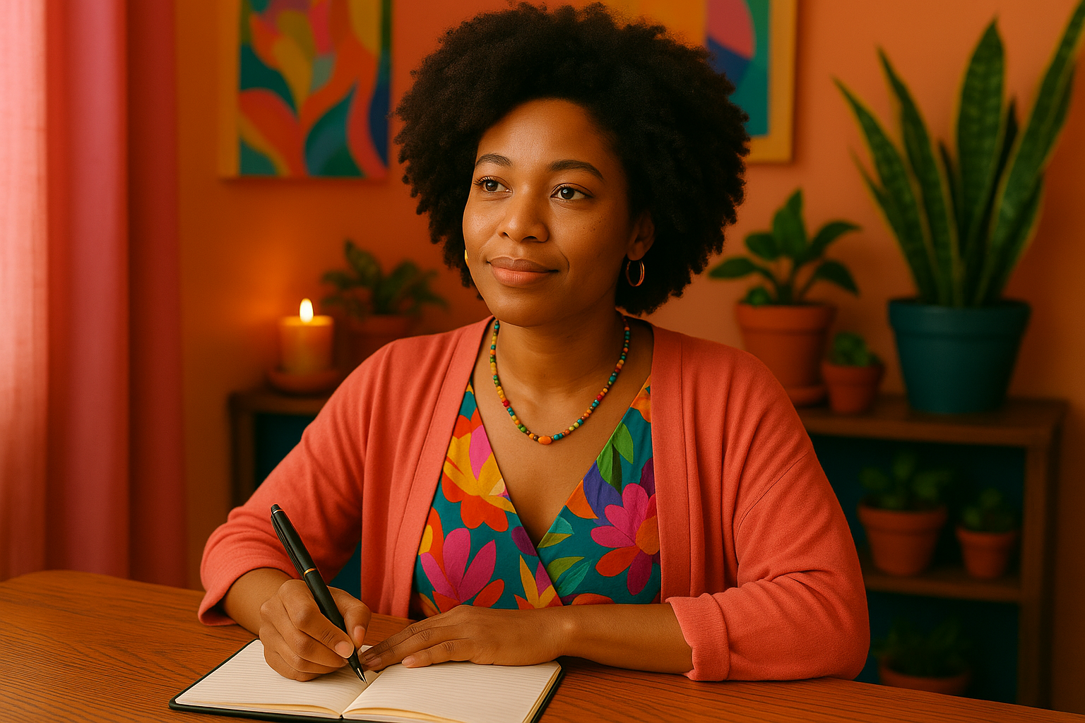 A woman of African descent in her 30s with natural afro-textured hair sits at a wooden table, writing in a notebook. She wears a colorful floral dress, a soft coral cardigan, and beaded jewelry. The warmly lit room features potted plants, framed abstract art, and a lit candle, creating a vibrant, cozy, and intentional setting.