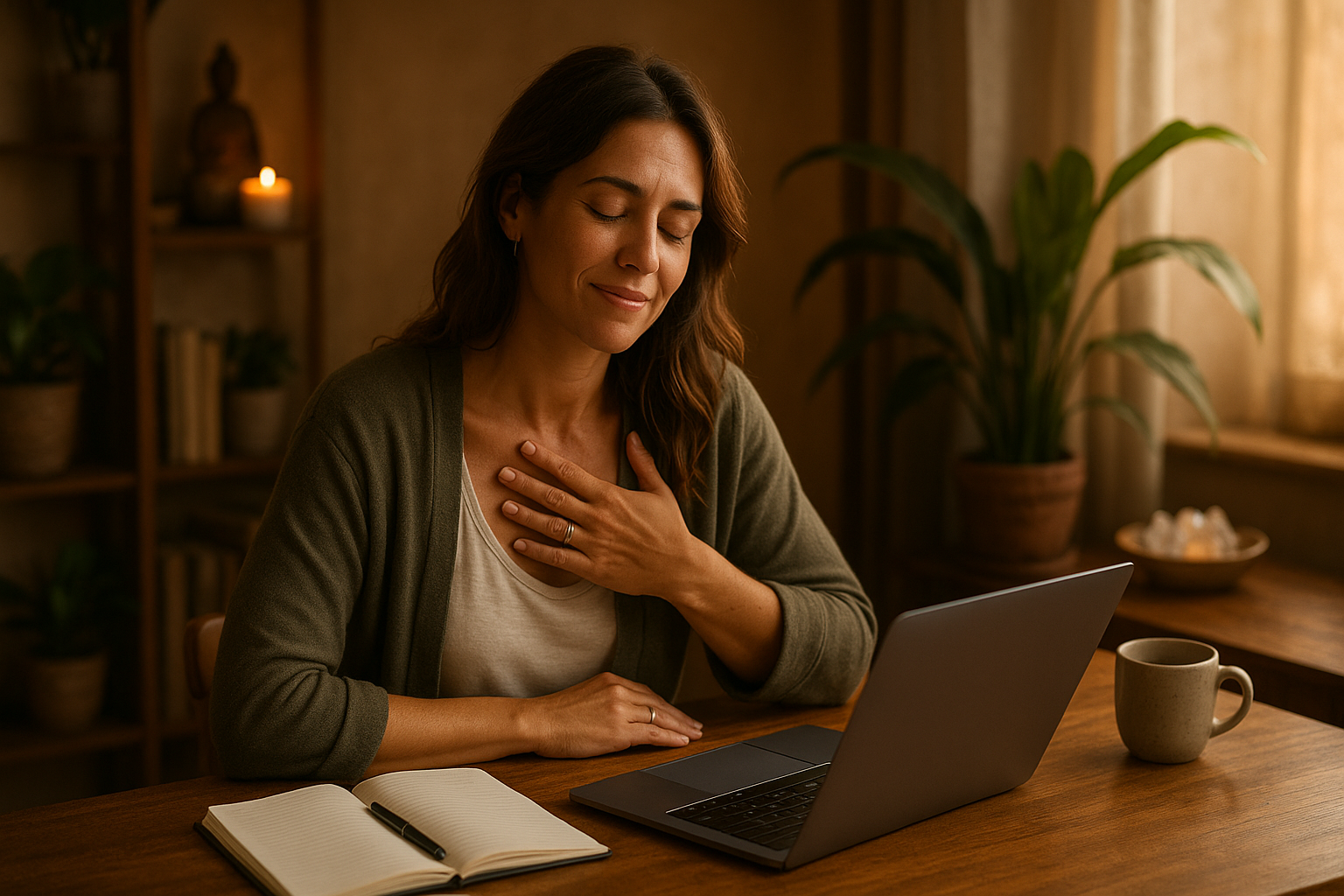 A woman in her mid-30s sits at a wooden table, eyes closed and hand resting gently on her chest, reflecting a quiet moment of clarity. Soft natural light and warm, earthy decor surround her as a laptop and notebook sit nearby—capturing a shift from overwhelm to empowered presence.
