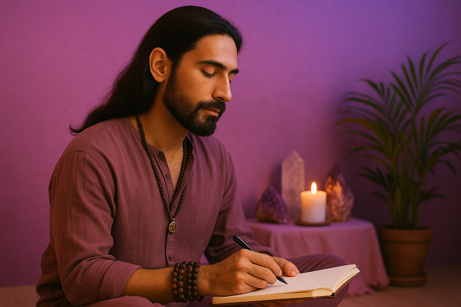 A long-haired, light-skinned man with a beard sits calmly in a softly lit space with pink and purple ambient lighting. He wears loose, natural clothing and meaningful jewelry, surrounded by a spiritual, serene environment that resembles a Reiki or healing arts studio.
