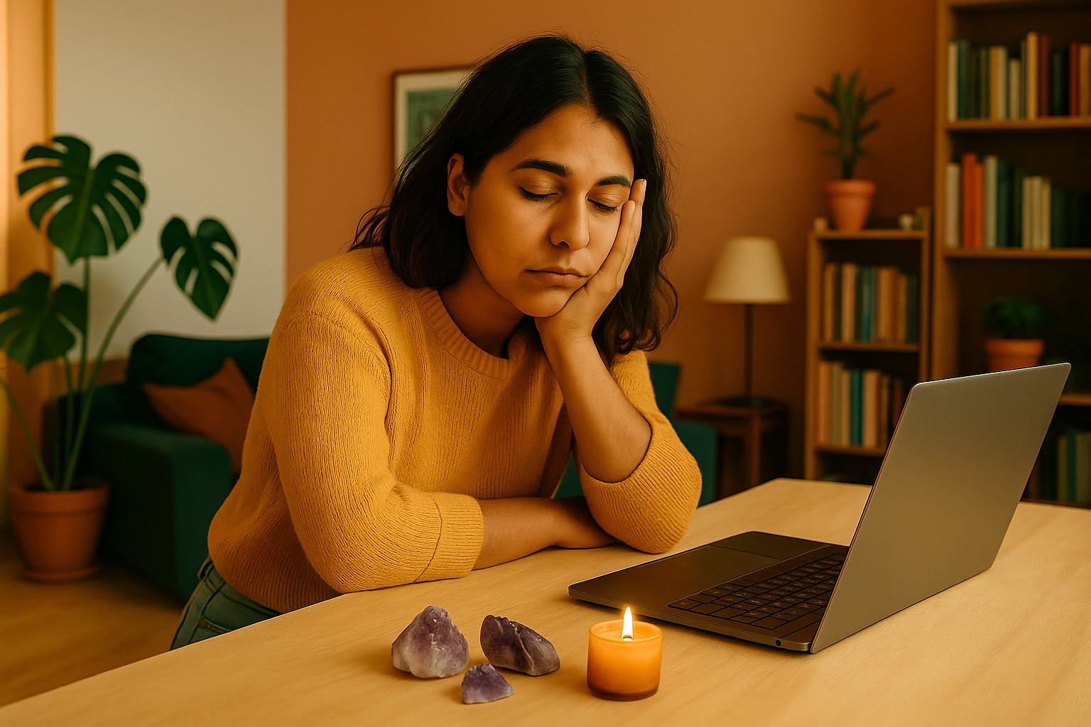 A young Latina woman sits at a wooden table in a cozy, sunlit living room. She rests her head gently in her hand, gazing downward with a thoughtful expression. Natural light, earthy colors, and warm textures surround her—conveying a quiet moment of pause and reflection in the midst of her day.